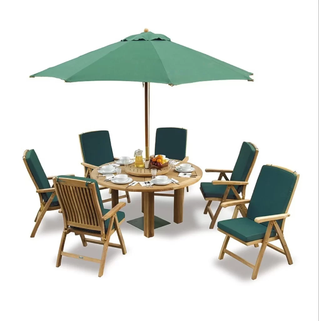 Outdoor Teak Dining Set with a Green Umbrella and Cushions