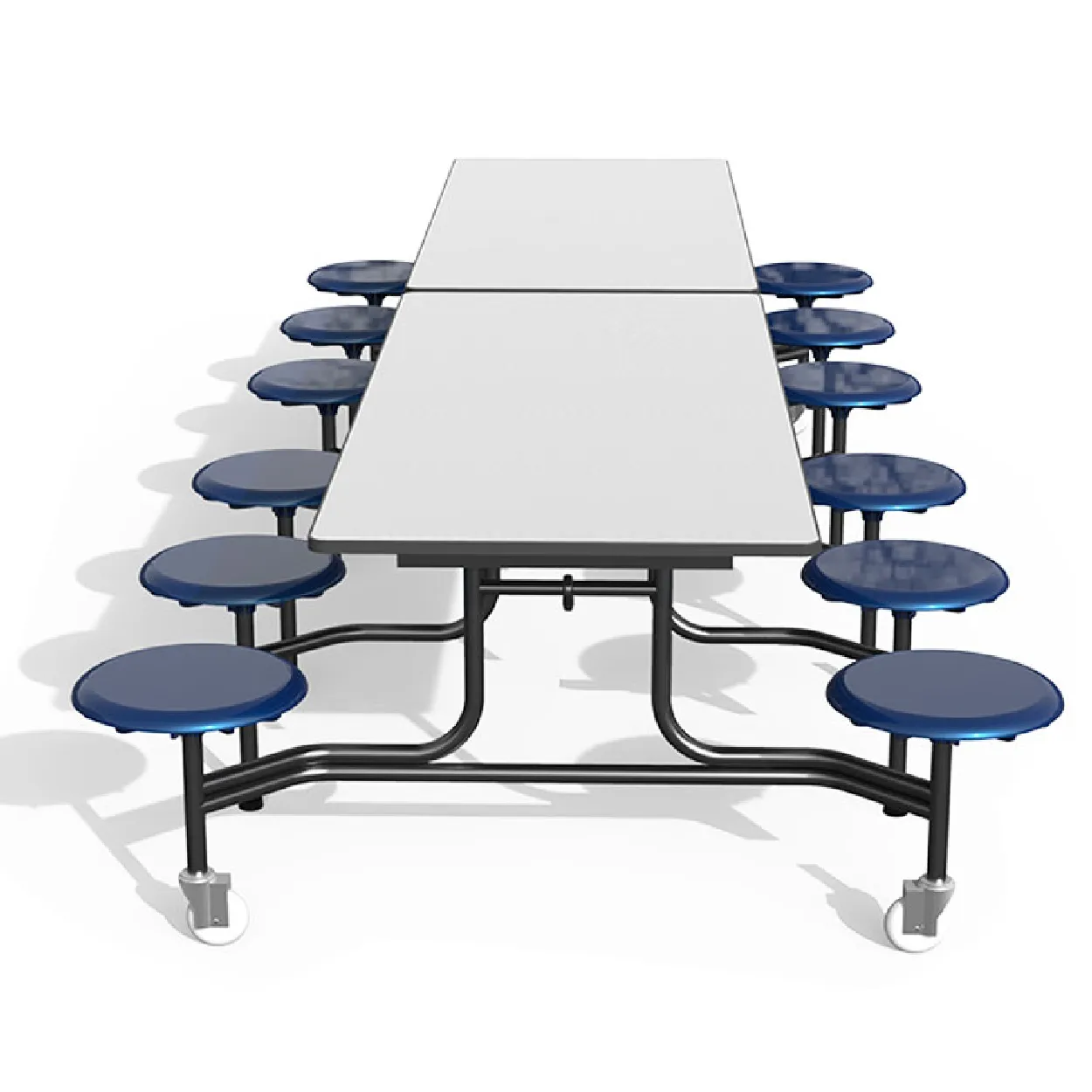 Long Cafeteria Table with Blue Stools and Wheels