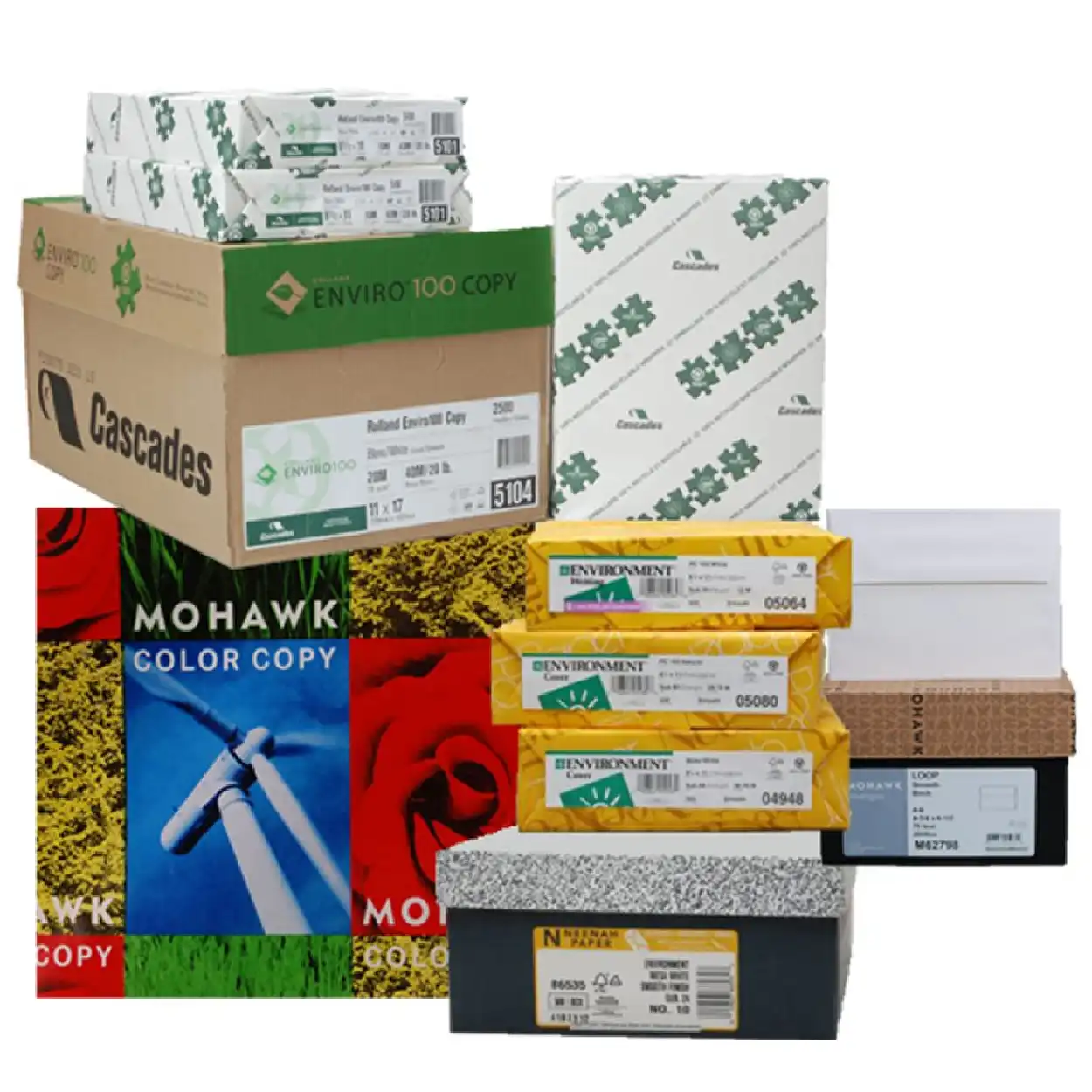 Various office stationery supplies products including eco-friendly copy paper, color copy paper, and standard printing paper from brands like Cascades, Mohawk, and Environment.