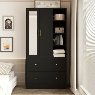 Compact storage furniture with shelves, drawers, and a mirror, ideal for bedrooms.