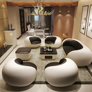 Customized round-shaped off-white and black colored sofa set.