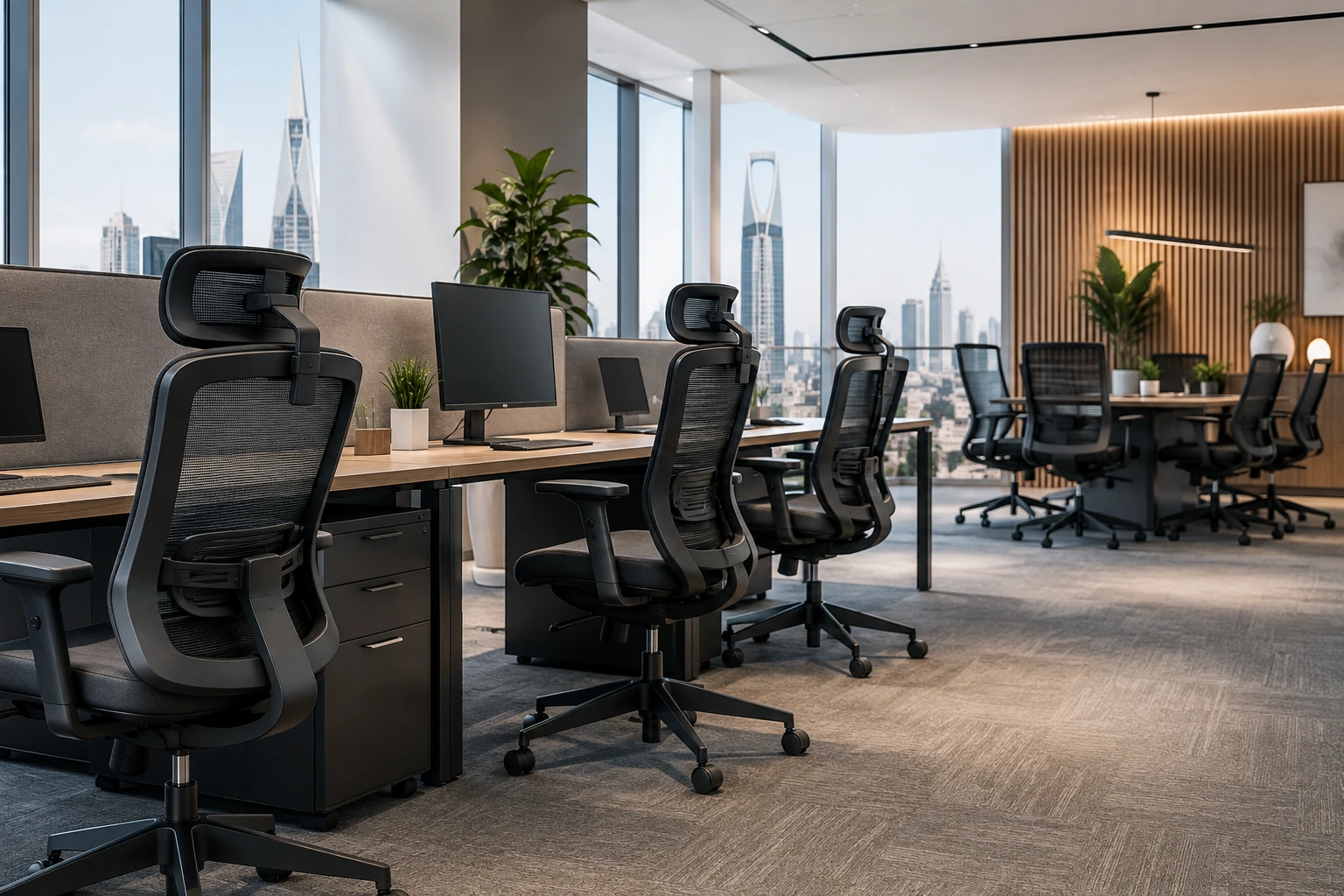 Ergonomic office chairs in a modern Riyadh workspace
