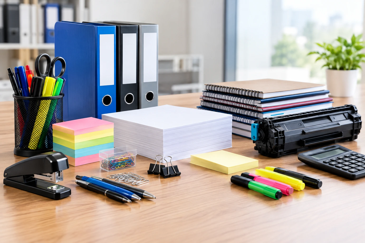 Modern office stationery supplies arranged on a desk in Jubail, Saudi Arabia.