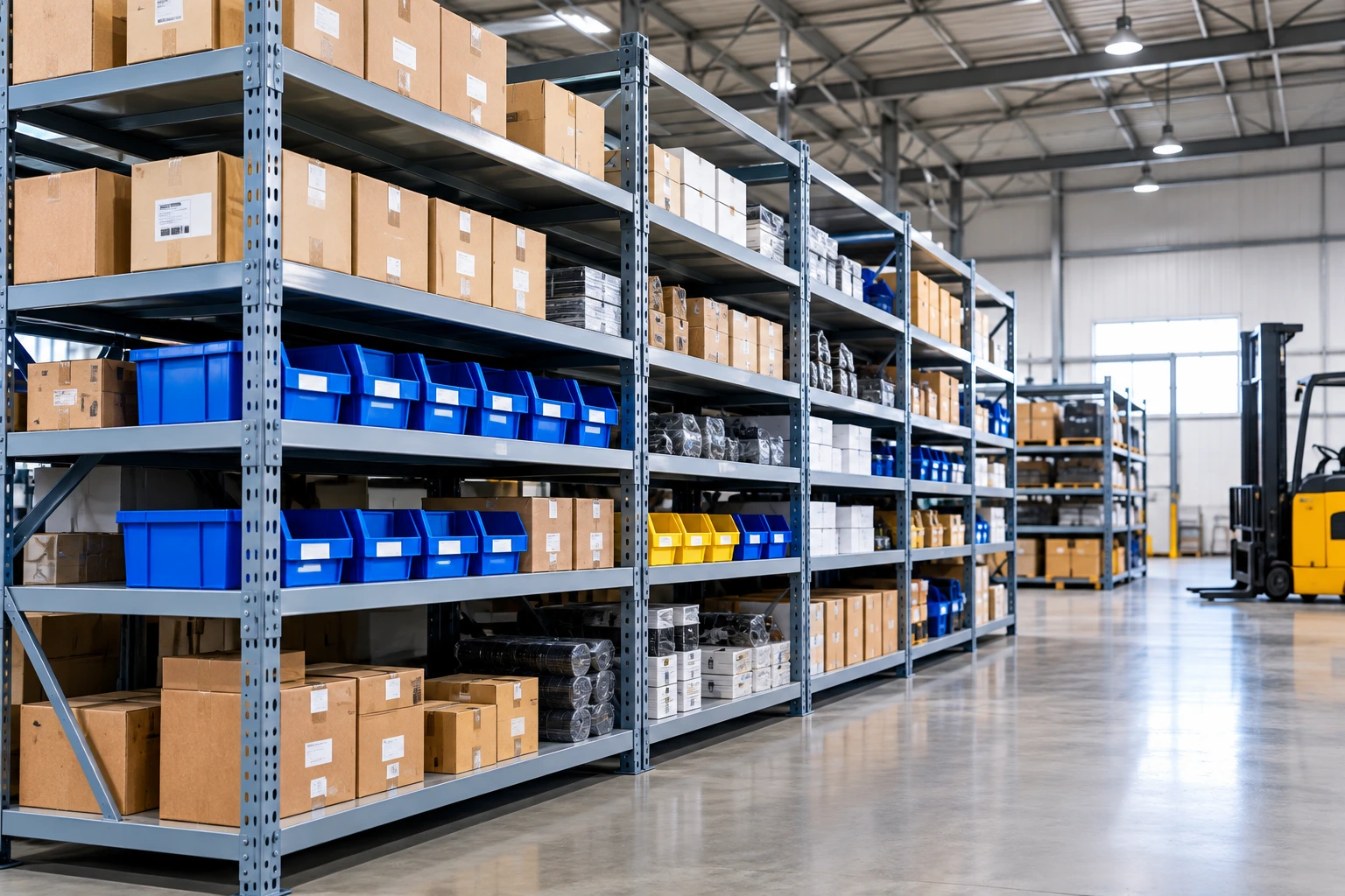Steel shelving systems stocked with boxes and storage bins in a Saudi warehouse.
