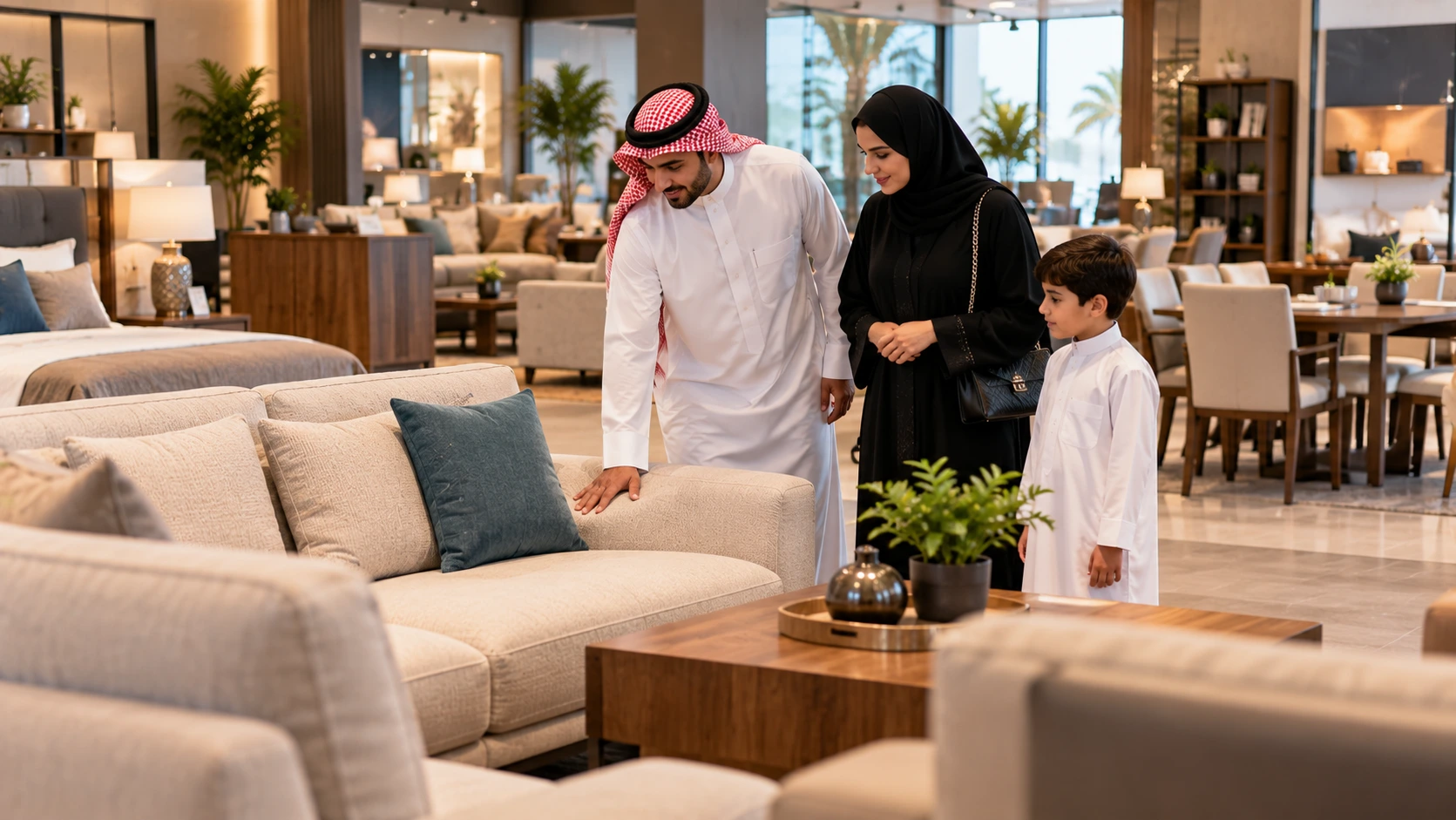 Family comparing sofas while shopping for furniture in Jubail.