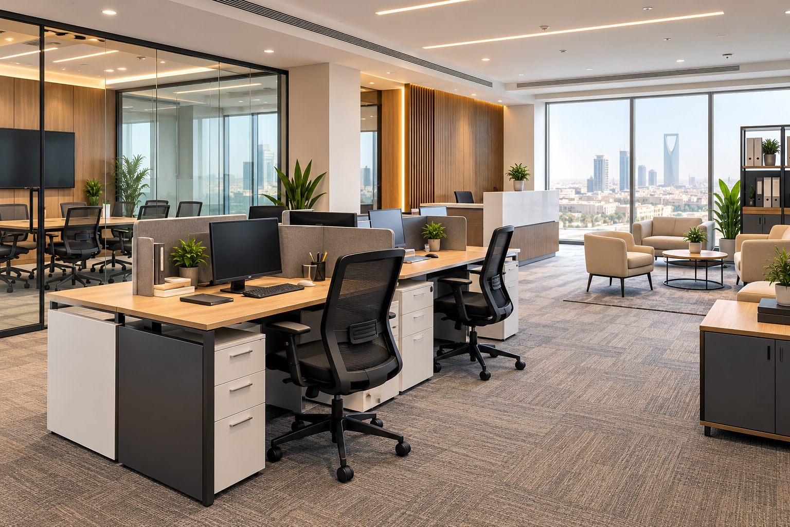 Modern office furniture in Dammam featuring workstations, ergonomic chairs and reception seating.