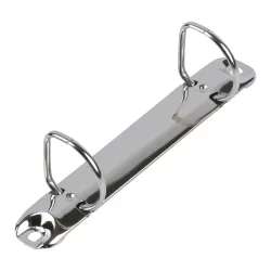 Metal two-ring binder mechanism with D-shaped rings for holding documents or papers.