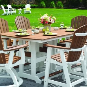 Outdoor wooden dining set in a garden, perfect for gatherings.