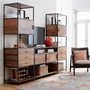 Modern media console with open shelving and drawers