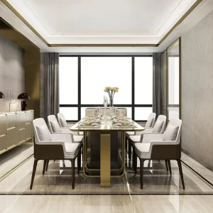 Golden color table with white and wooden combination chairs, dining room furniture from Saudi furniture company