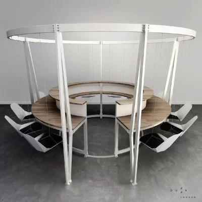 Circular Table and Chairs Suspended from a Metal Frame, Allowing Them to Swing