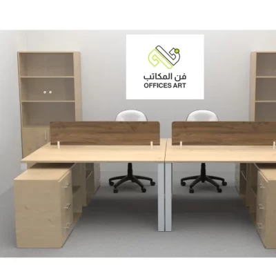 Office Art workstation with wood-toned desks and dividers