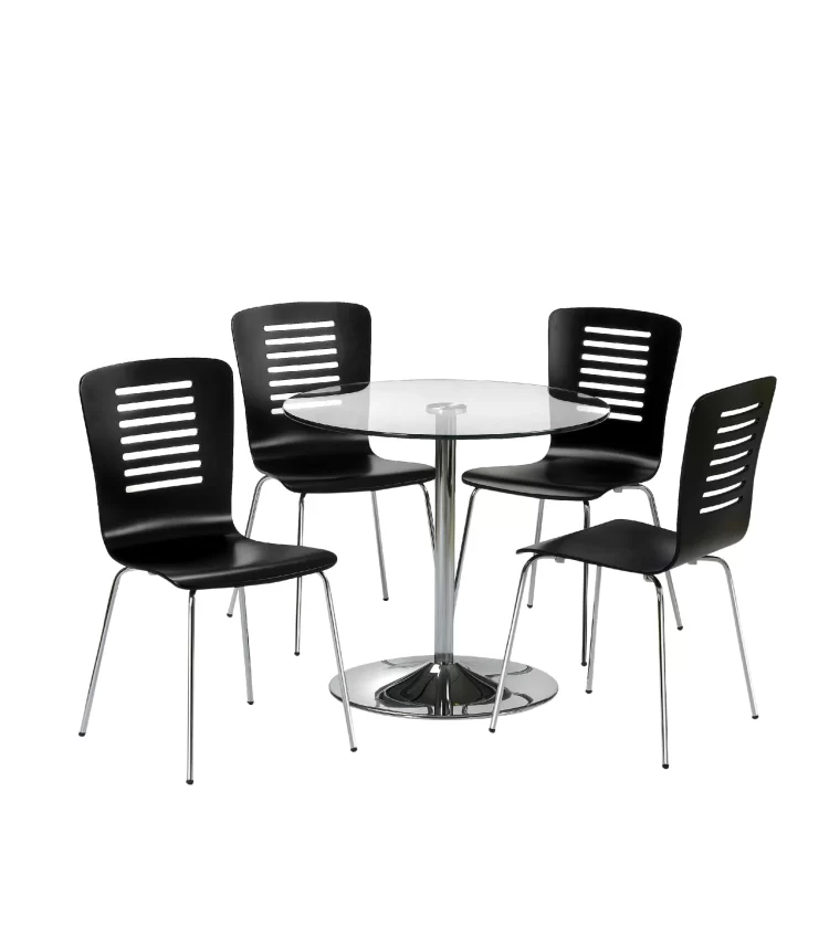 A Modern Dining Set with Four Black Chairs and a Round Glass Table