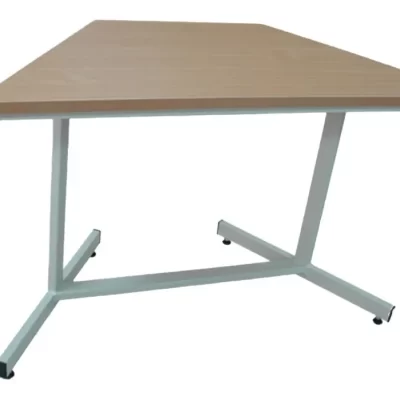 A rectangular table with a wooden top and a white metal base.