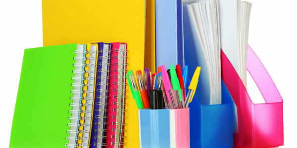 Office stationery supplies like notebook, pen, pencil and filing system.