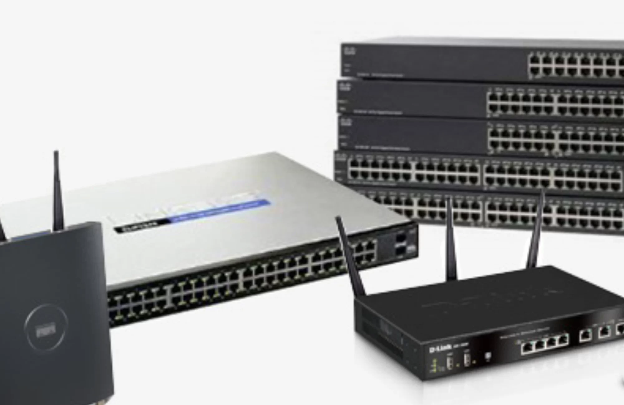 Networking equipment including routers, switches, and wireless access points, displayed on a white background.