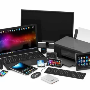 Collection of electronic devices: laptop, tablet, smartphone, TV, printer, camera